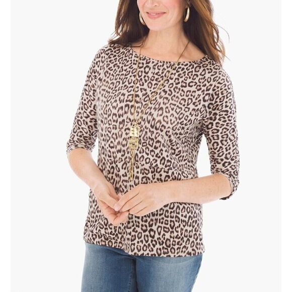 Chico’s Top Brown Cheetah Print Elegant Faux Suede Blouse Size 2 (L 12-14) - Picture 3 of 10